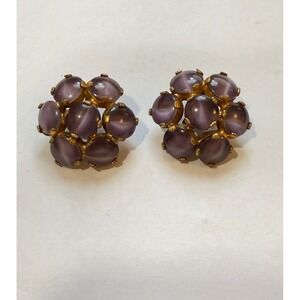 Vintage Purple Cabochon Gold Tone‎ Clip On Earrings Flower Design